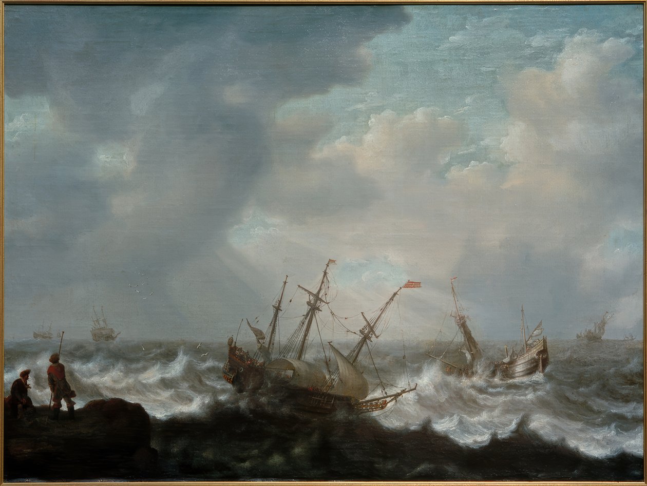 Barcos de tres mástiles y otros barcos en mar tormentoso de Jacob Adriaensz Bellevois