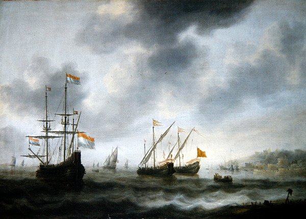 El buque insignia holandés De Roode Leeuw y dos barcos ingleses de Jacob Adriaensz. Bellevois