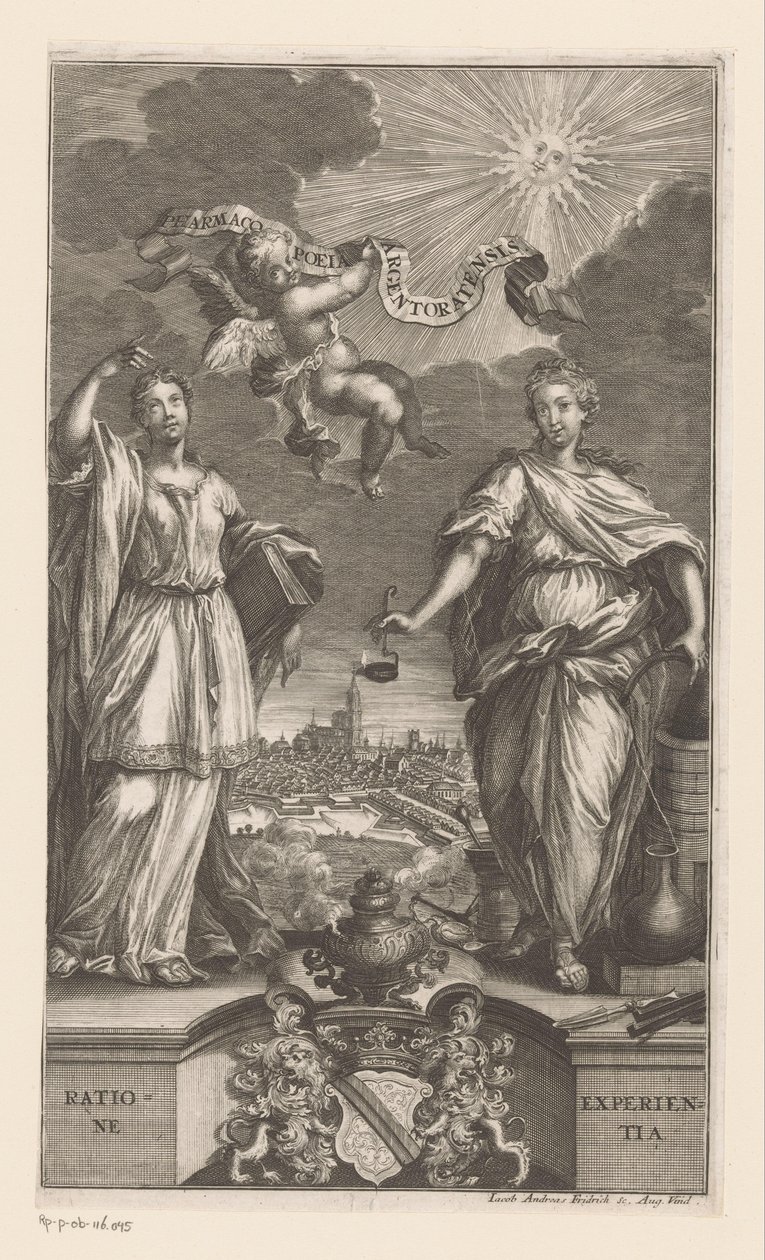 Alegoría de la Medicina en Estrasburgo Pharmacopoeia Argentoratensis (título sobre el objeto) de Jacob Andreas Fridrich (I)