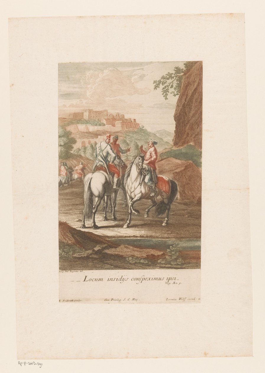 Los jinetes eligen un buen lugar para la batalla. Locum insidijs conspeximus ipsi (título sobre el objeto) de Jacob Andreas Fridrich (I)