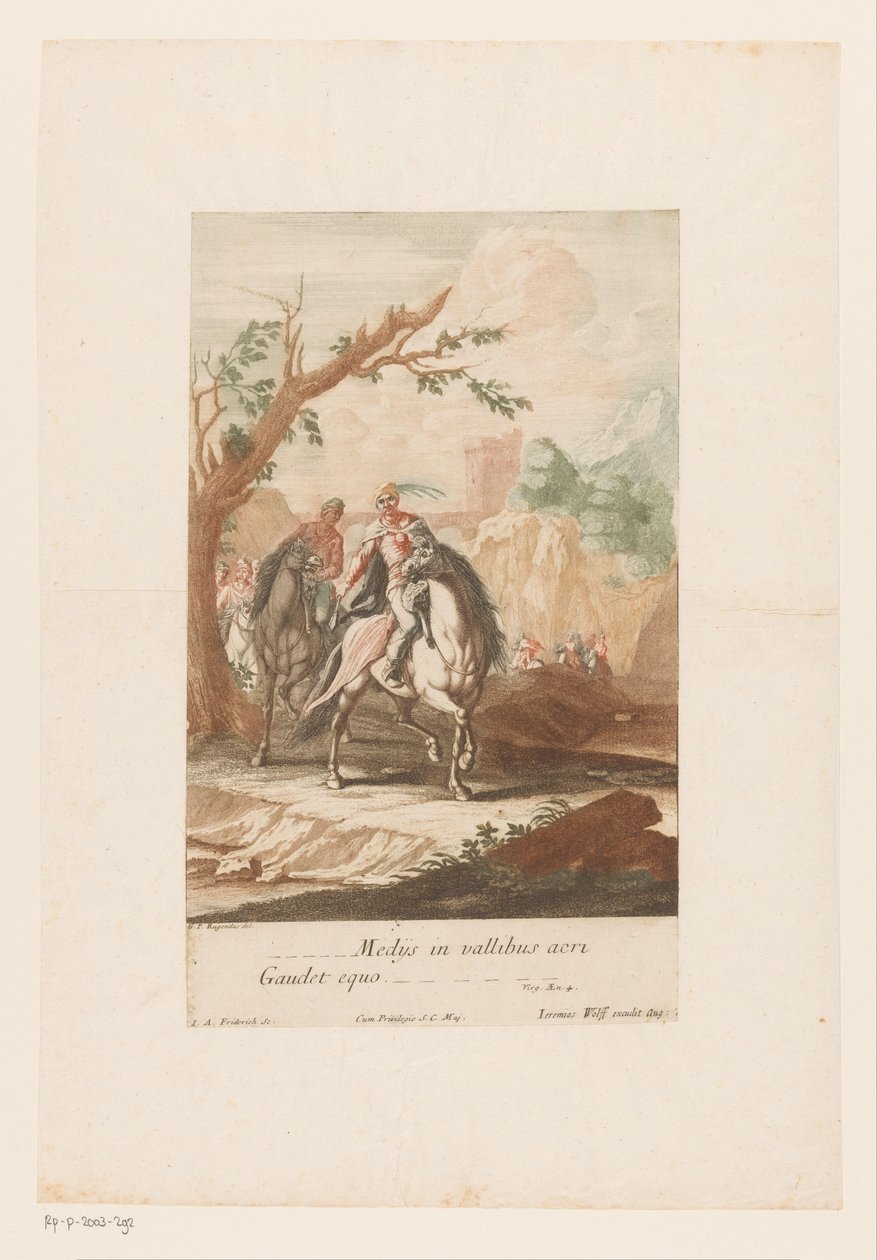 Ruiters trekken puerta del valle Mosquitos en valles afilados Se regocija con el caballo (título sobre objeto) de Jacob Andreas Fridrich (I)