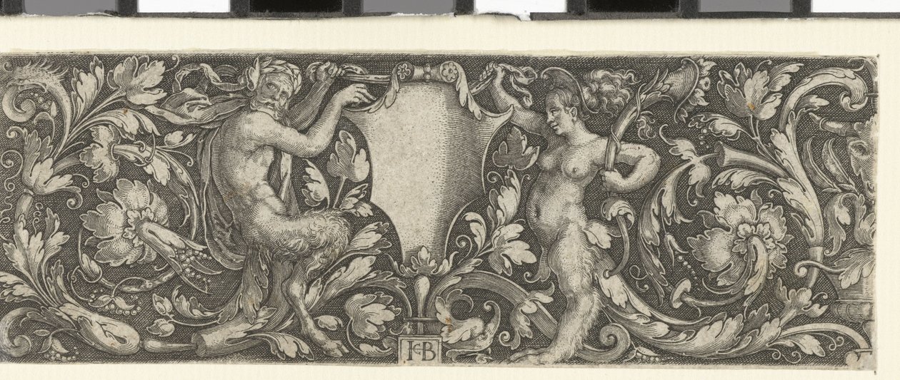 Friso con un escudo llevado por un sátiro masculino y femenino de Jacob Binck (signed by artist)