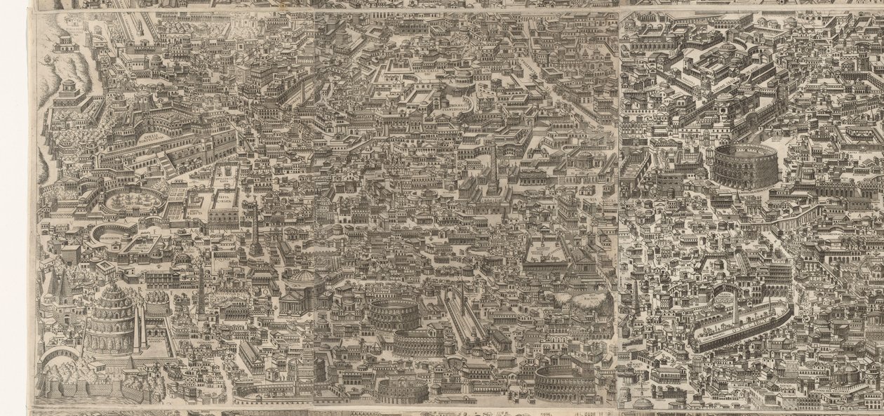 Plattegrond van Rome ten tijde van keizer Augustus (middleste blad) Una imagen muy precisa de la ciudad antigua formada a partir de monumentos antiguos. Efigies de la antigua Roma a partir de restos de edificios en ruinas de Jacob Bos