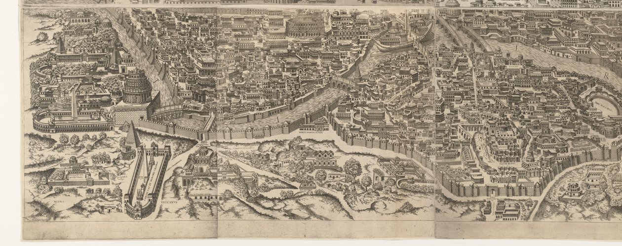Plattegrond van Rome ten tijde van keizer Augustus (onderste blad) Una imagen muy precisa de la ciudad antigua formada a partir de monumentos antiguos. Efigies de la antigua Roma a partir de restos de edificios en ruinas (...) de Jacob Bos