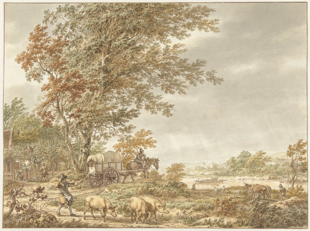 Paisaje montañoso con una piara de cerdos y otros polvos, un río en la distancia de Jacob  Cats