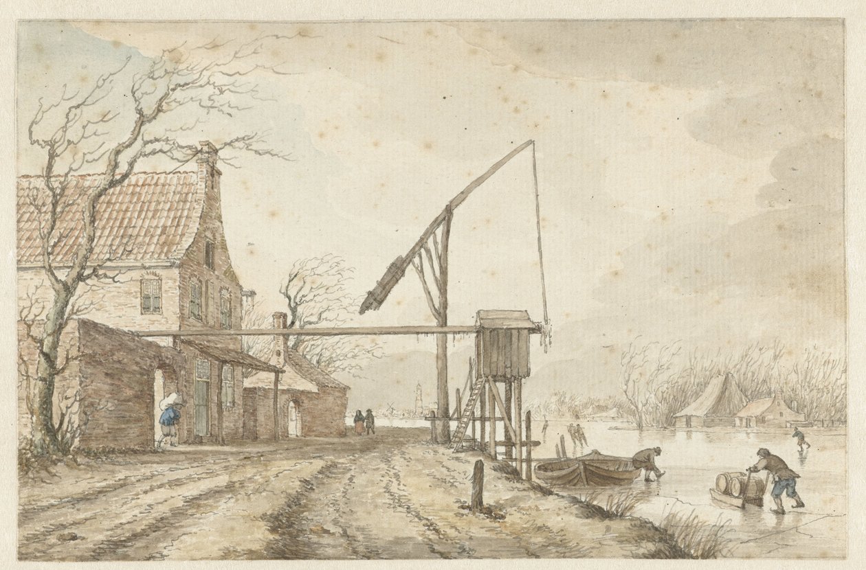 Paisaje invernal con casas y palanca a lo largo del canal congelado de Jacob  Cats