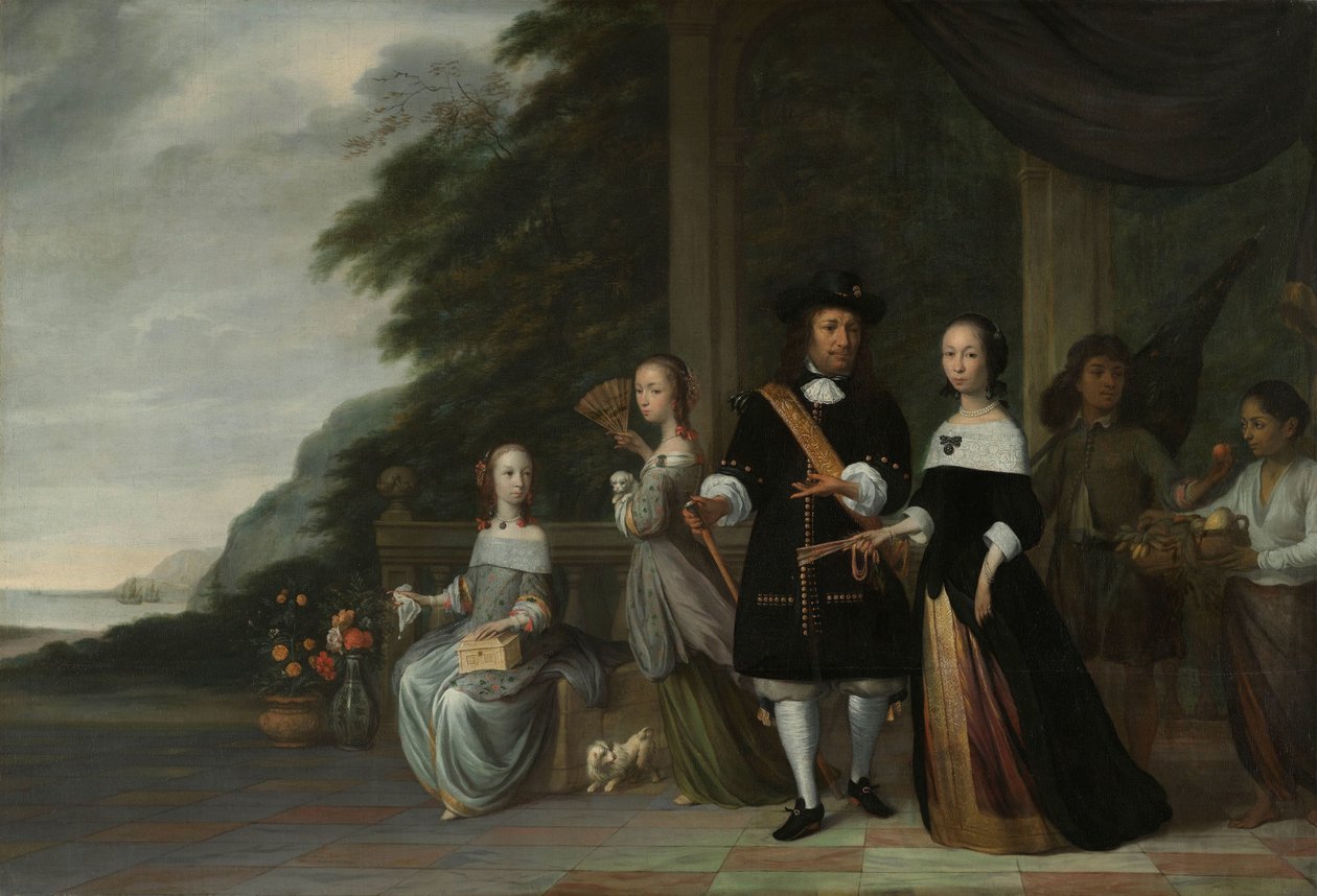 Pieter Cnoll, Cornelia van Nijenrode, sus hijas y dos siervos esclavizados
Pieter Cnoll y Cornelia van Nijenrode, sus dos hijas Catharina y Hester, el esclavizado Surapati y una mujer esclavizada de Jacob Coeman