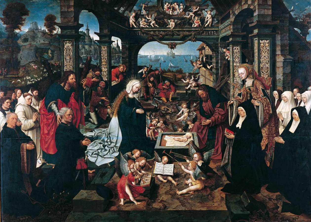 La Natividad de Cristo por Cornelisz van Oostsanen, Jacob (Jacob Cornelisz van Amsterdam) (c. 1470-1533). oleo sobre madera de Jacob Cornelisz van Oostsanen