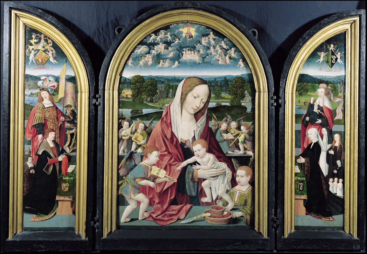 Virgen y Niño con ángeles músicos y la familia Sampsons-Coolen, Tríptico, 1500-1525 de Jacob Cornelisz van Oostsanen