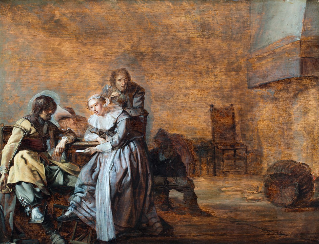 Un interior con caballeros y una mujer jugando a las cartas (óleo sobre tabla) de Jacob Duck