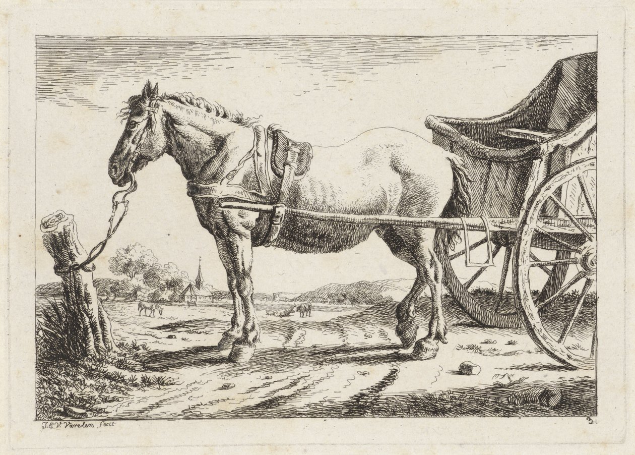 Caballo de pie, enganchado delante de un carro. Seis grabados a partir de dibujos de varios maestros (título de la serie) de Jacob Elias van Varelen