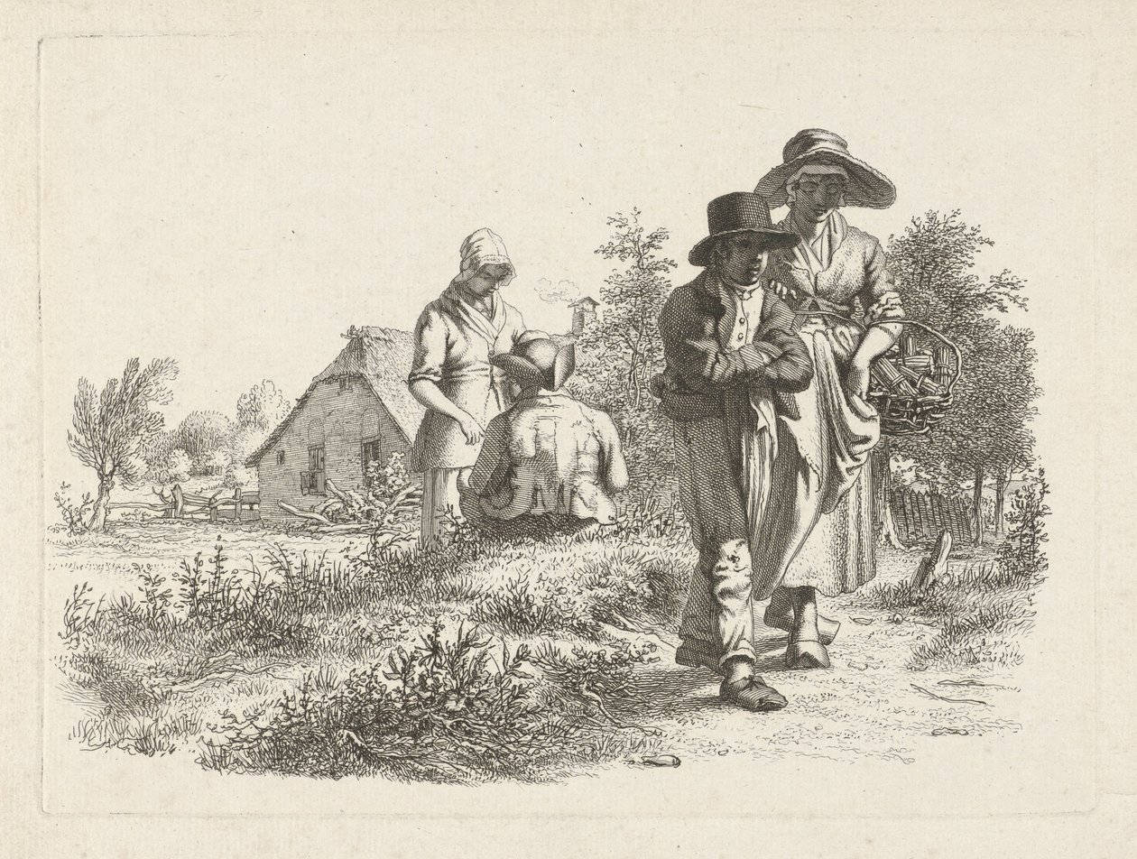 Mujer ciega y figuras conversando en una granja Impresiones de estudio / Etudes gravées (título de la serie) de Jacob Ernst Marcus