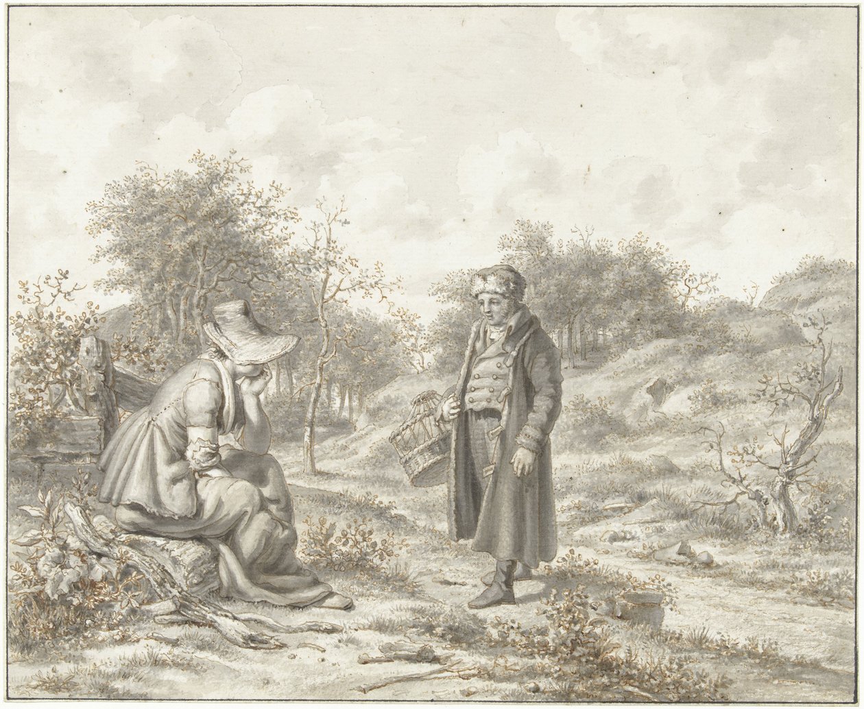 Paisaje montañoso con una mujer sentada y un hombre de pie con una cesta de Jacob Ernst Marcus