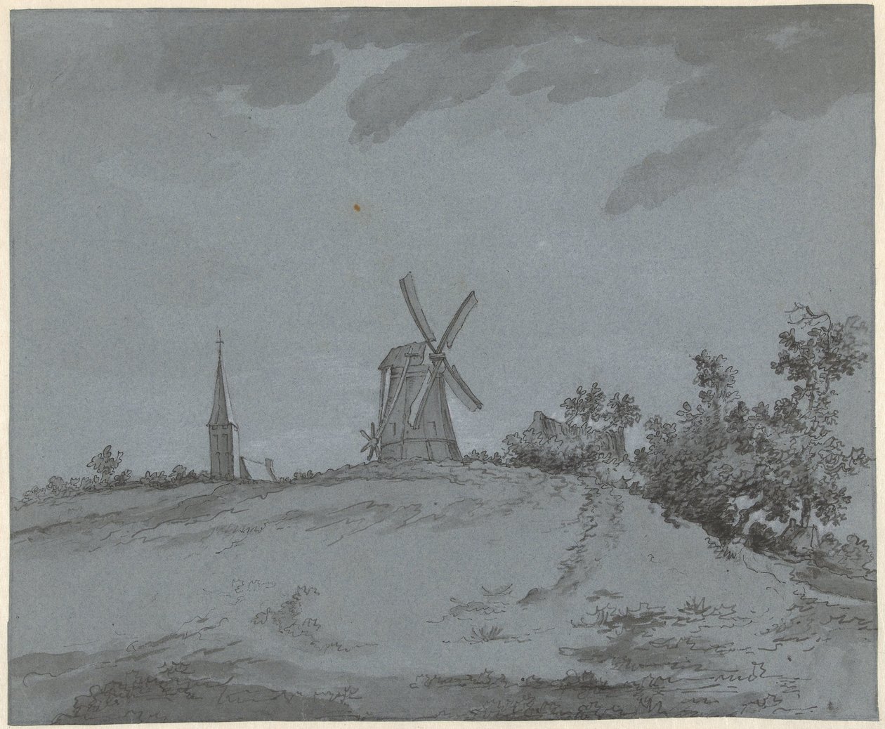 Paisaje con molino de viento e iglesia en una colina de Jacob Ernst Marcus