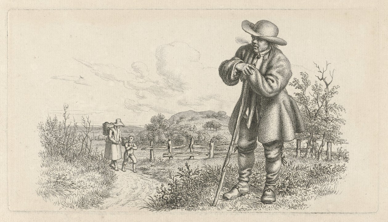 Hombre apoyado en un palo y una mujer con un niño en un camino rural Impresiones de estudio / Etudes gravées (título de la serie) de Jacob Ernst Marcus