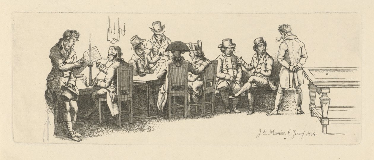 Hombres en una cafetería con una sala de billar, 1814 de Jacob Ernst Marcus