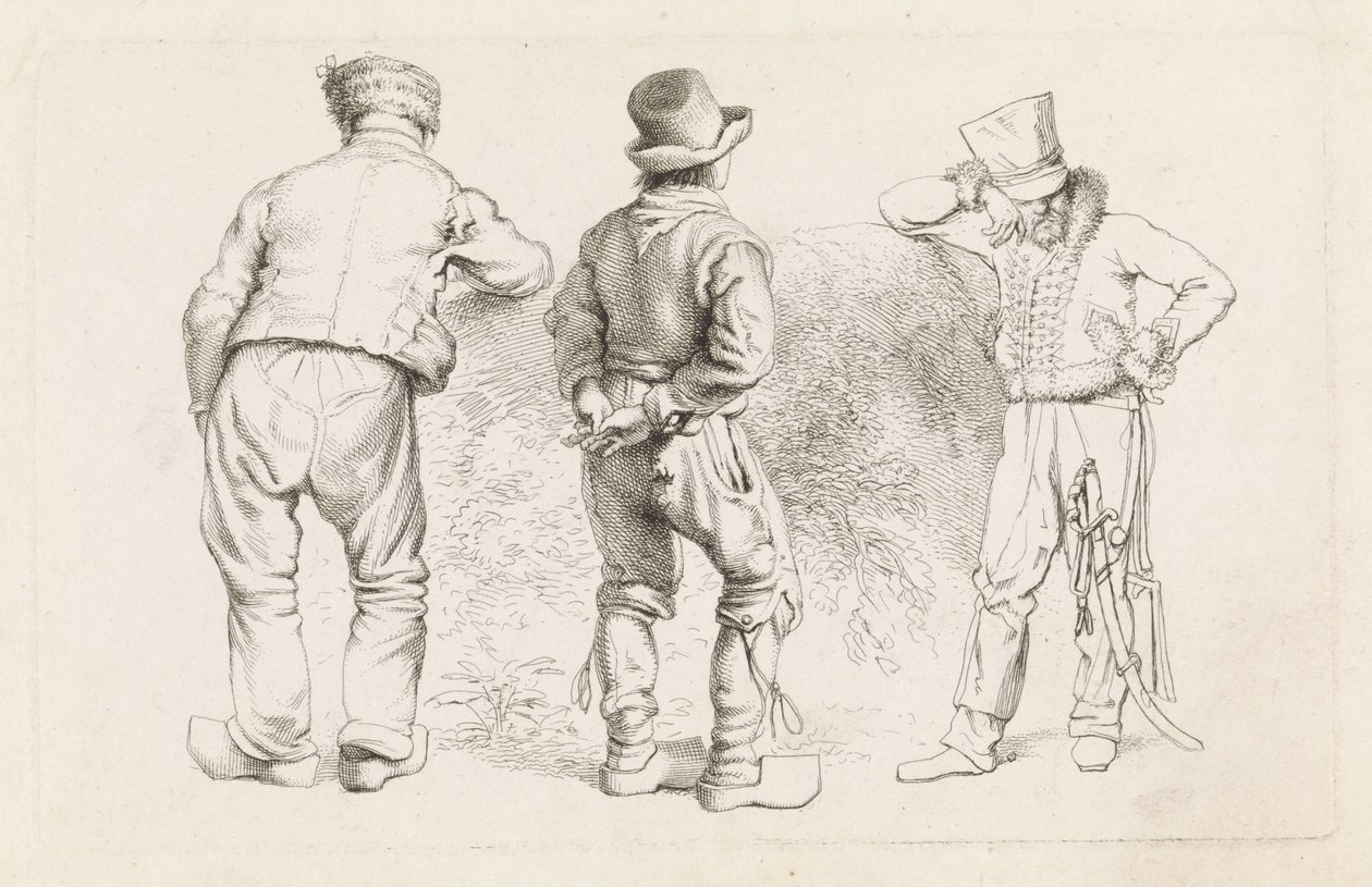 Hoja de estudio con tres figuras de pie. Etudes gravées (título de la serie) de Jacob Ernst Marcus