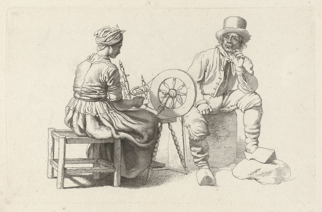 Hoja de estudio con una mujer en una rueca y un hombre sentado Impresiones de estudio / Etudes gravées (título de la serie) de Jacob Ernst Marcus