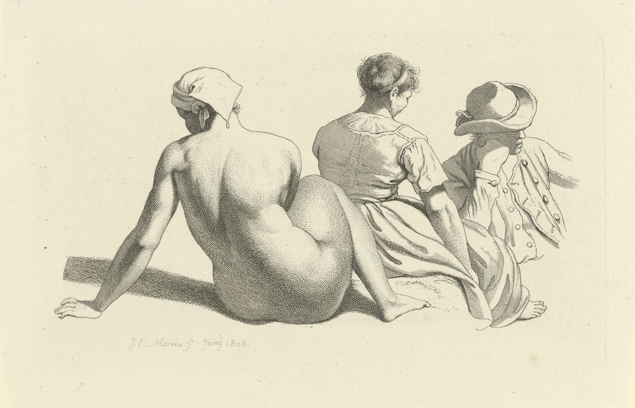 Ficha de estudio con un desnudo sentado y dos figuras Impresiones de estudio / Etudes gravées (título de la serie) de Jacob Ernst Marcus
