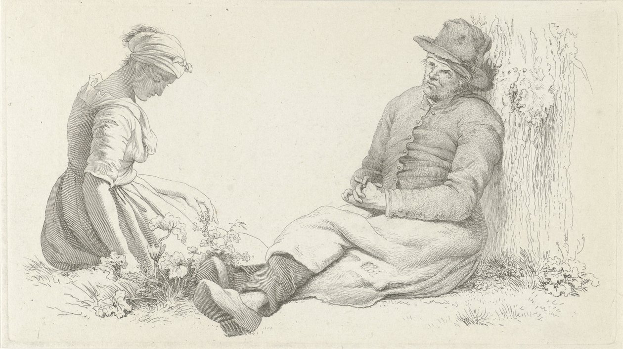 Hoja de estudio con un hombre sentado y una mujer joven. Impresiones de estudio / Etudes gravées (título de la serie) de Jacob Ernst Marcus