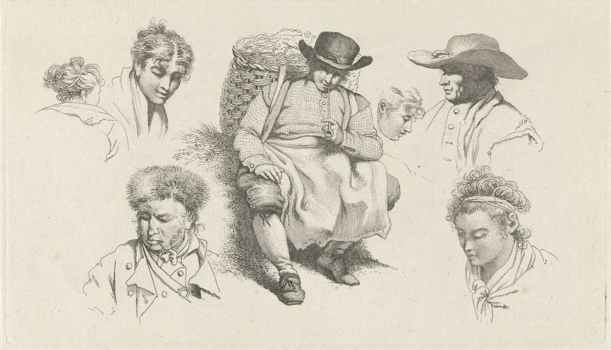 Ficha de estudio con figuras y un pescadero descansando con una pipa Impresiones de estudio / Etudes gravées (título de la serie) de Jacob Ernst Marcus
