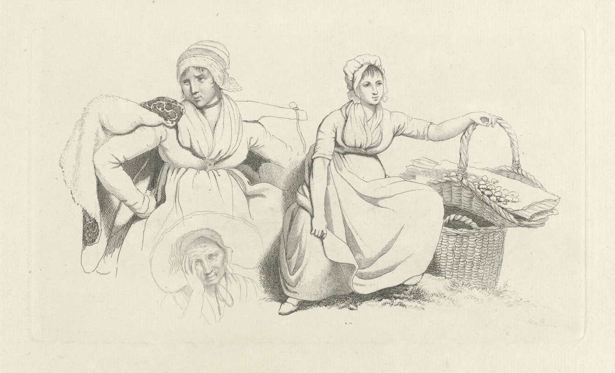 Hoja de estudio con dos mujeres y una taza. Impresiones de estudio / Etudes gravées (título de la serie) de Jacob Ernst Marcus