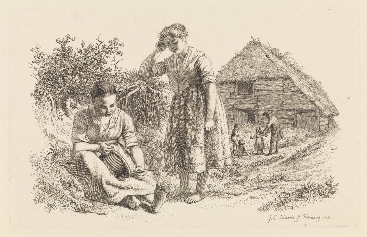 Dos mujeres y un hombre con niños frente a un granero Impresiones de estudio / Etudes gravées (título de la serie) de Jacob Ernst Marcus
