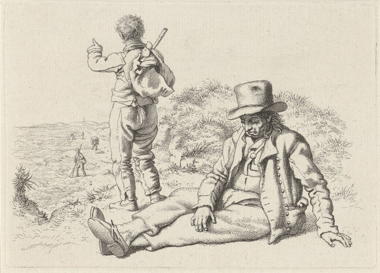 Sentado y un hombre de pie en una playa. Impresiones de estudio / Etudes gravées (título de la serie) de Jacob Ernst Marcus