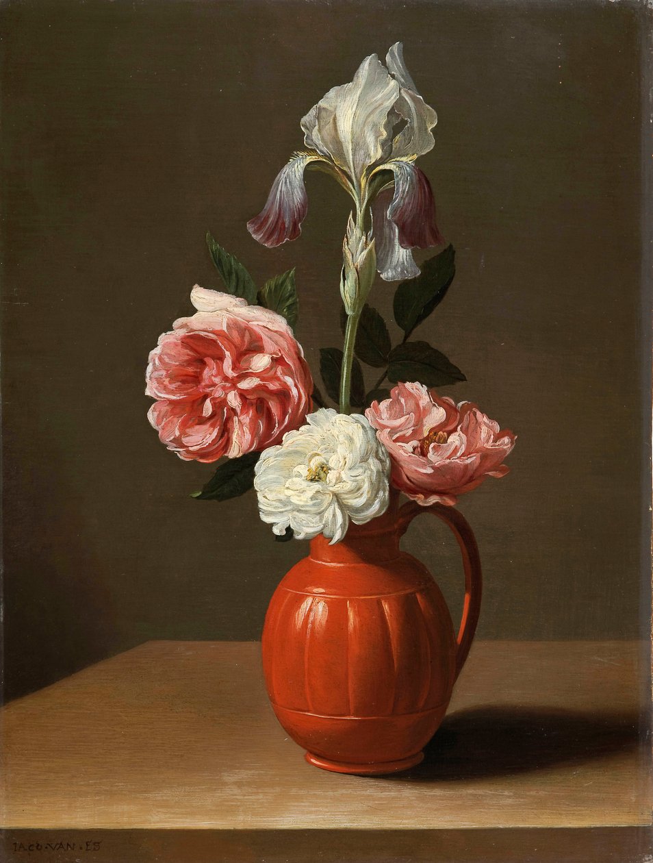 Ramo de iris y tres rosas en una olla de loza, pintura de Jacob Foppens van Es (ca 1596-1666) de Jacob  Foppens van Es