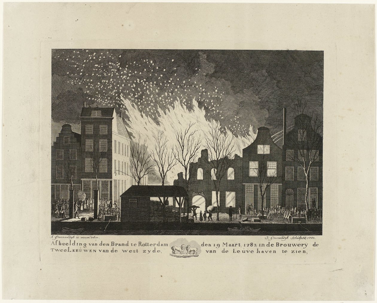 Incendio en la cervecería De Twee Leeuwen en Rotterdam, 1782 Imagen de den Brand en Rotterdam el 19 de marzo de 1782 en Brouwery de Twee Leeuwen desde el lado oeste de Leuvehaven (título sobre el objeto) de Jacob Groenendijk