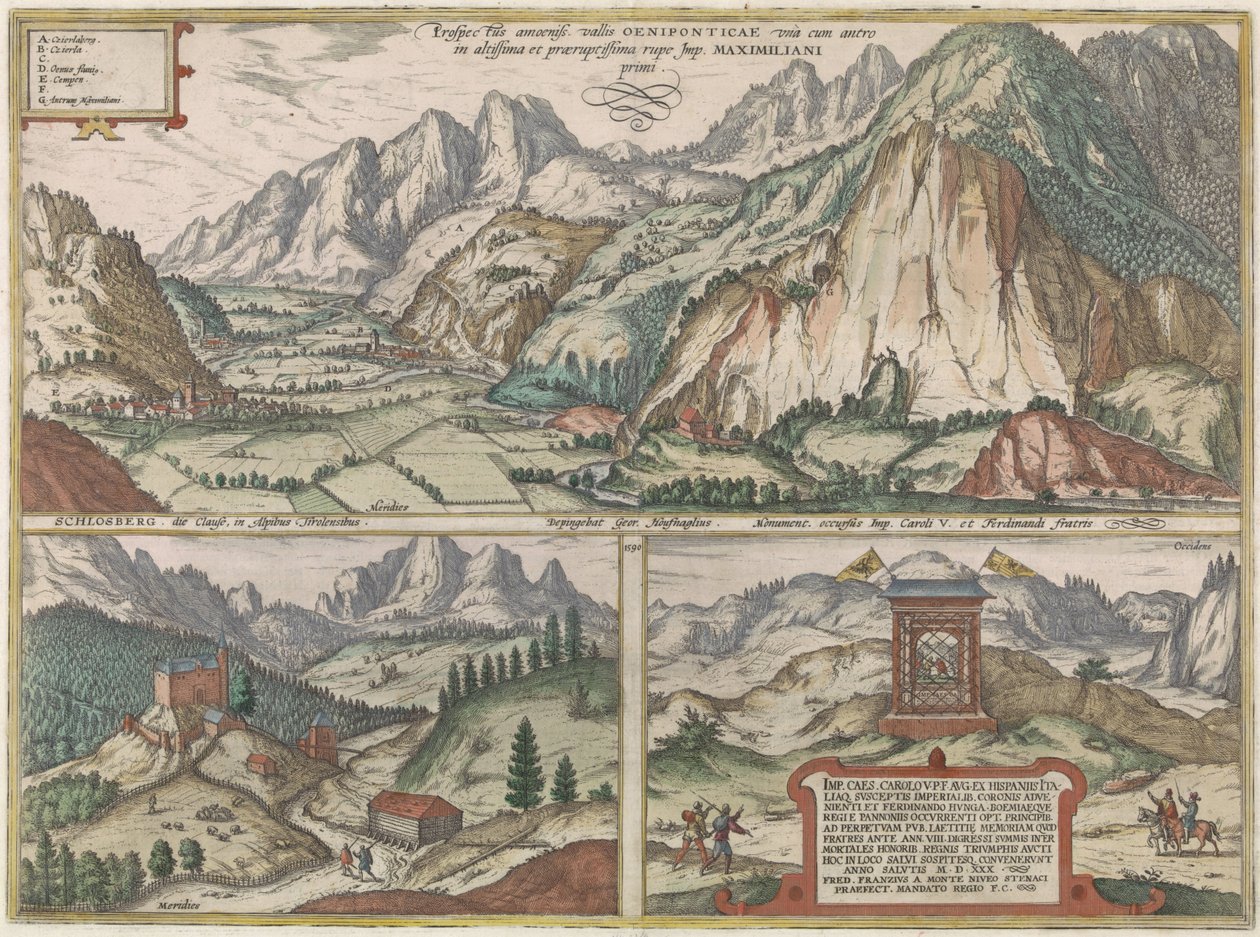 Tres caras en el valle del Inn y sus alrededores en Austria, con los Alpes al fondo de Jacob Hoefnagel (possibly)
