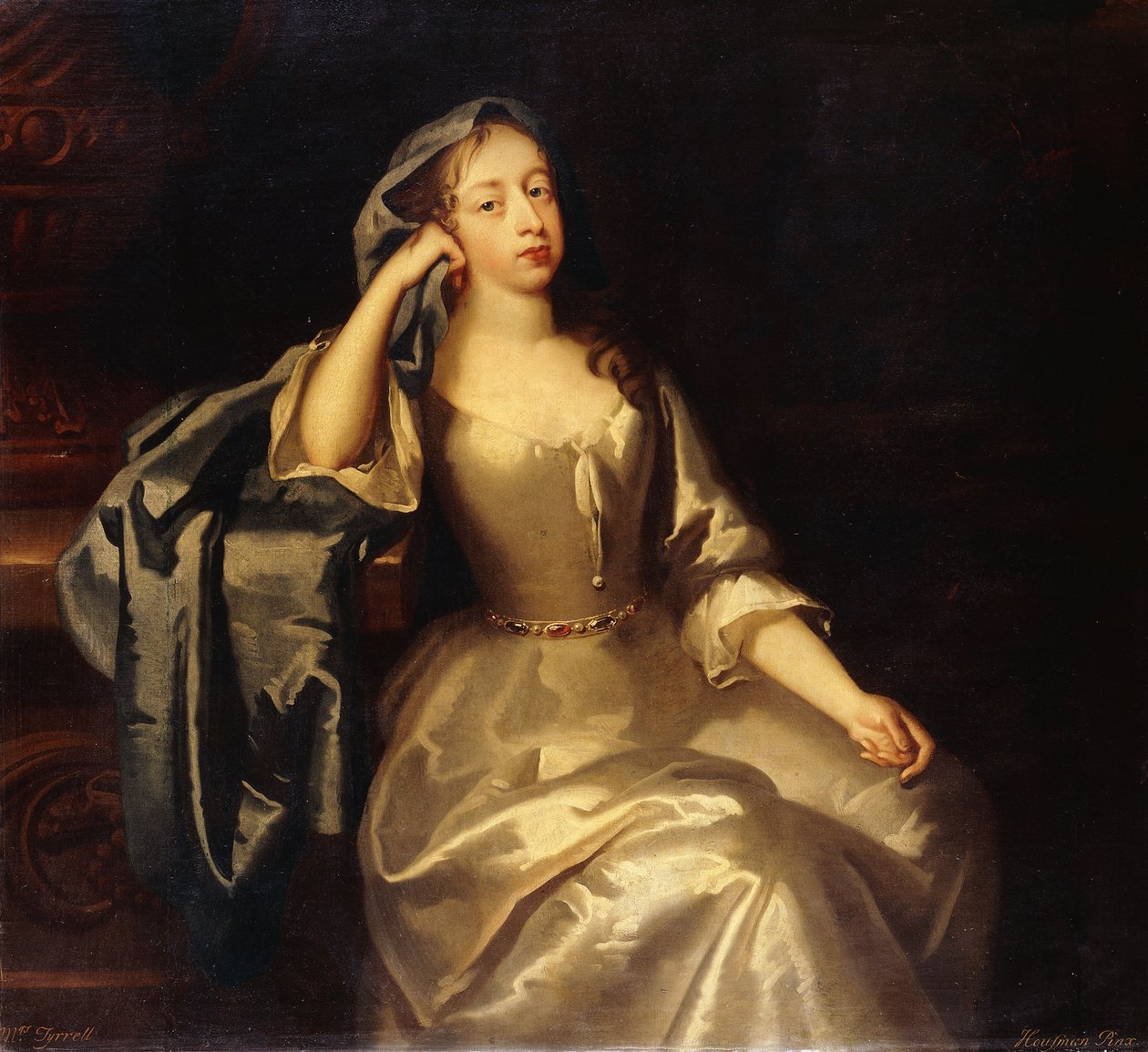 Retrato de la Sra. Tyrell, tres cuartos de longitud, con un vestido de satén blanco y un chal azul, su brazo derecho descansando sobre un pedestal, un paisaje más allá de Jacob Huysmans