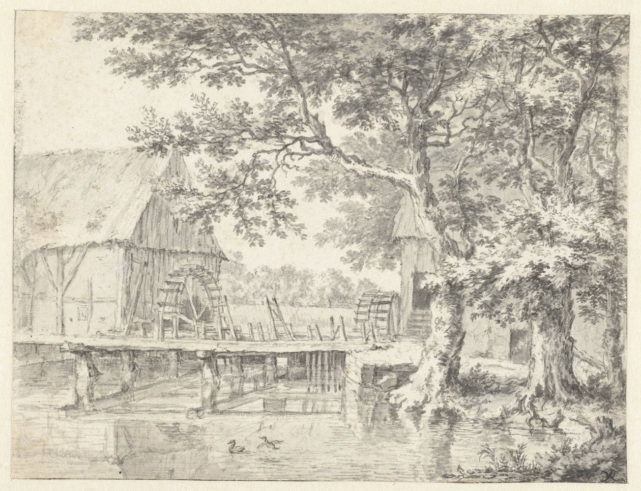 Vista de dos molinos de agua que flanquean una esclusa de Jacob van Ruisdael