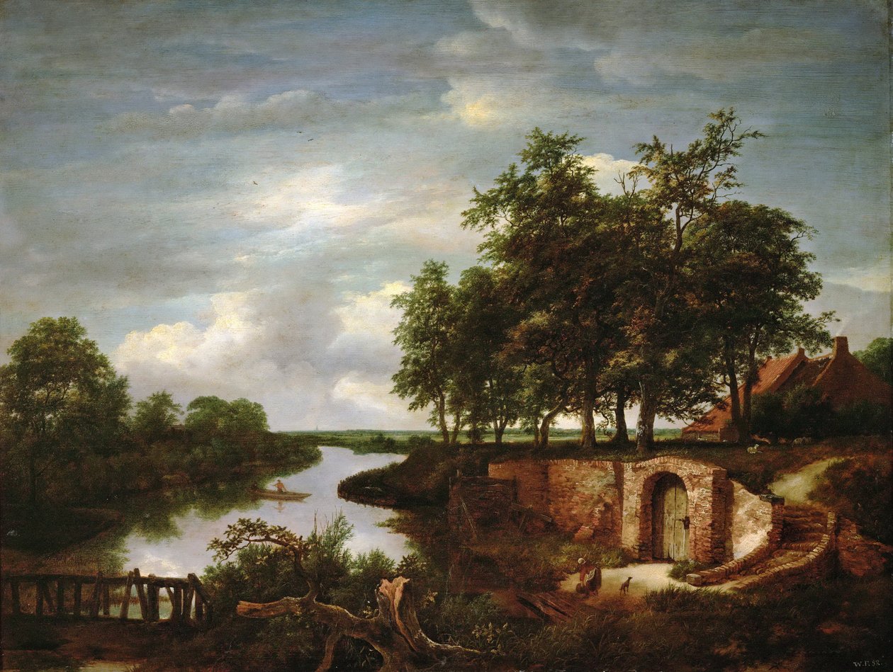 Paisaje fluvial con entrada a una bodega de Jacob van Ruisdael