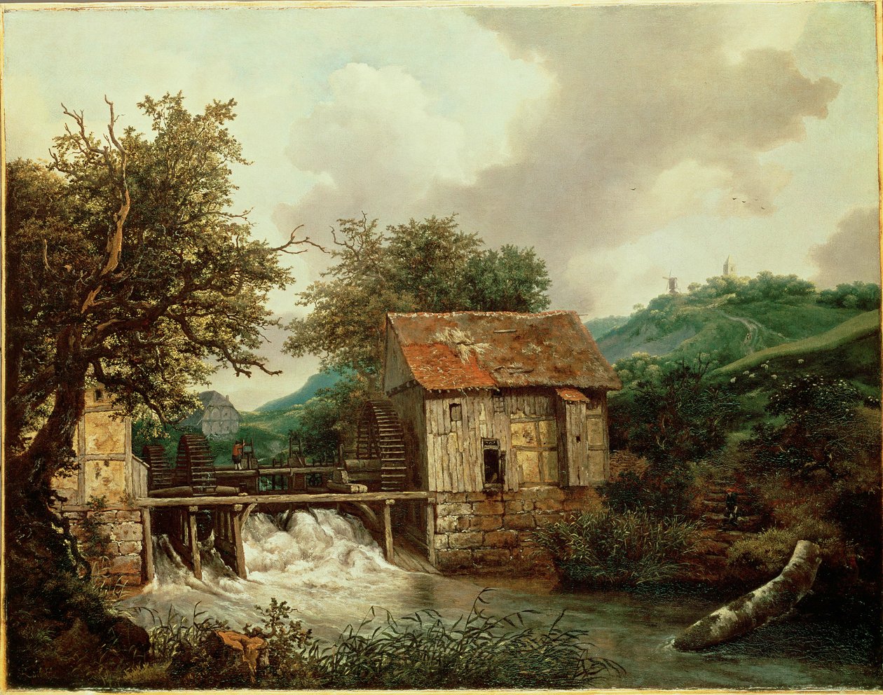 Dos molinos de agua y una esclusa abierta en Singraven, Países Bajos (óleo sobre lienzo) de Jacob Isaaksz. or Isaacksz. van Ruisdael