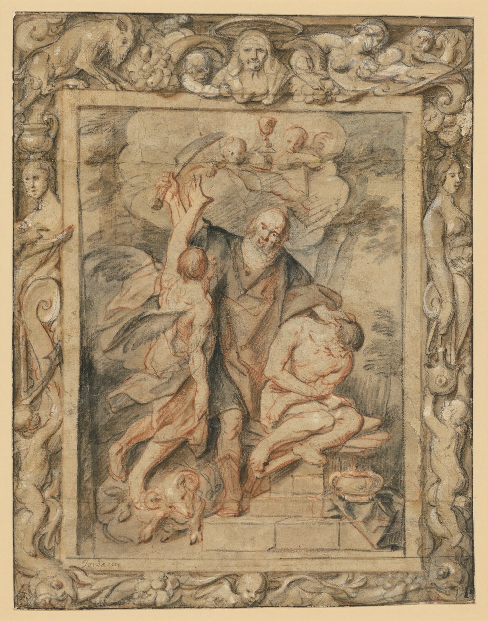 El sacrificio de Isaac (Génesis 22,1-12) en un borde figurativo de Jacob Jordaens
