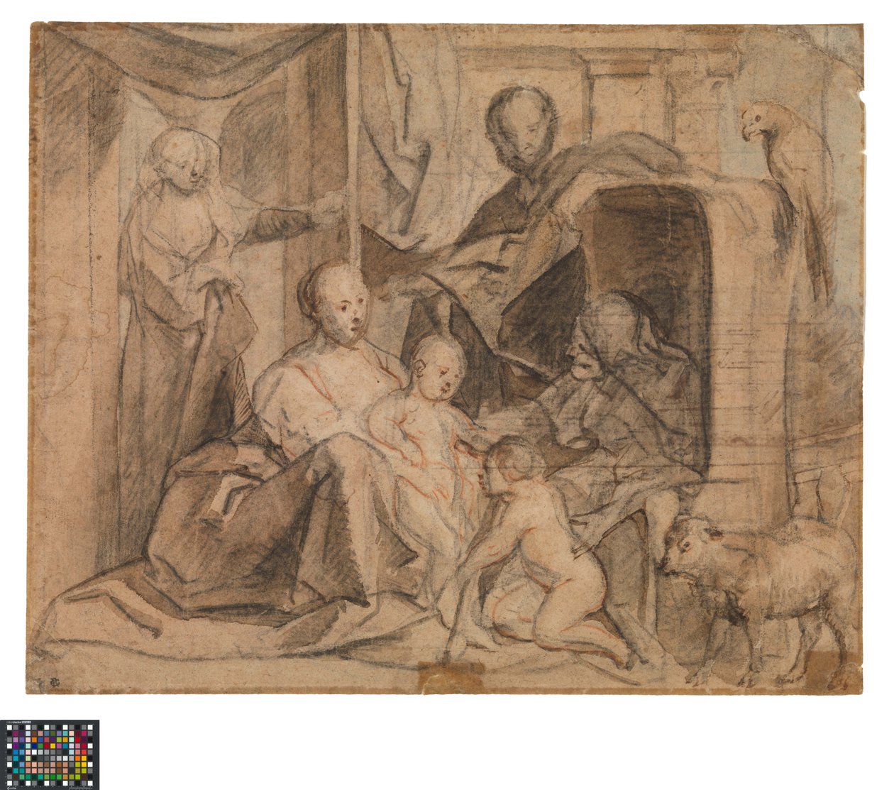 Alemán: The Holy Family with Elisabeth and St John the Baptist (back: door, doorway and Hermes)
Holandés: De Heilige Familie met Elisabeth en de kleine Johannes (keerzijde: Deur, deuropening en Hermes) de Jacob Jordaens