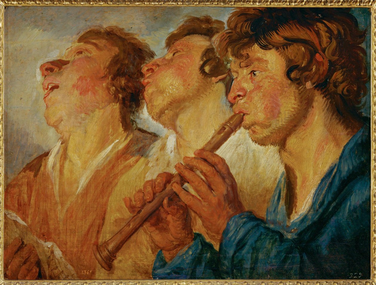 Tres músicos errantes, dos cantando, un tercero tocando ... (pintura sobre madera) de Jacob Jordaens