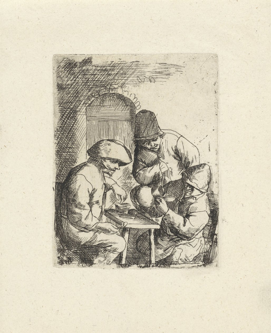 Tres hombres y un cántaro vacío Copias después de Adriaan van Ostade (título de la serie) de Jacob Laurensz. van der Vinne