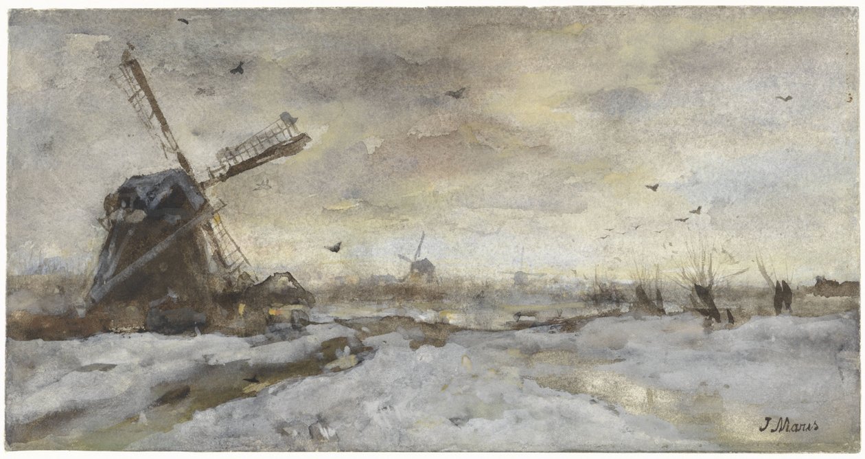 Paisaje con molino en la nieve de Jacob Maris