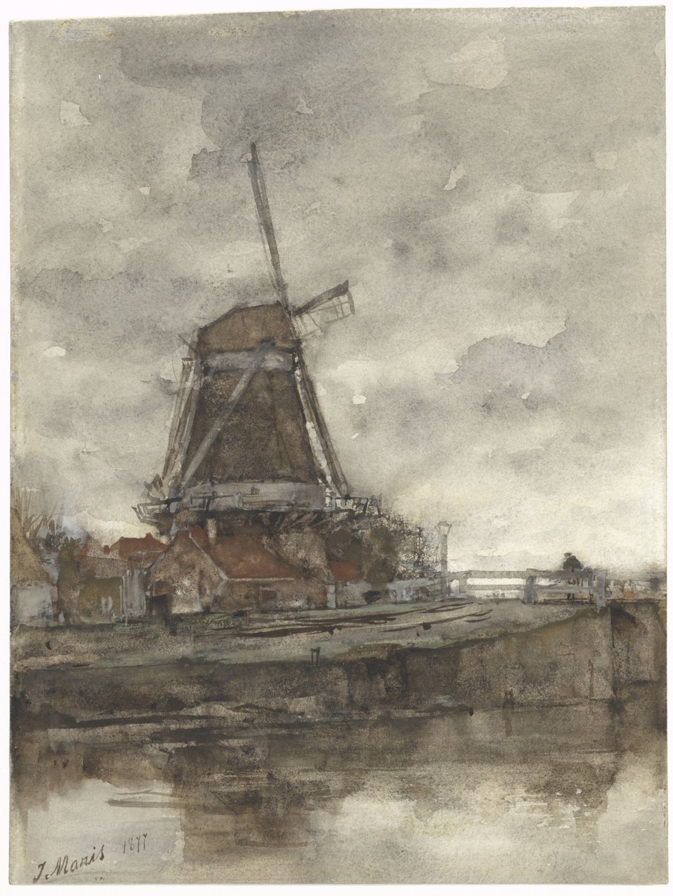 Molino y puente en el Buitenensingel noroeste de La Haya de Jacob Maris