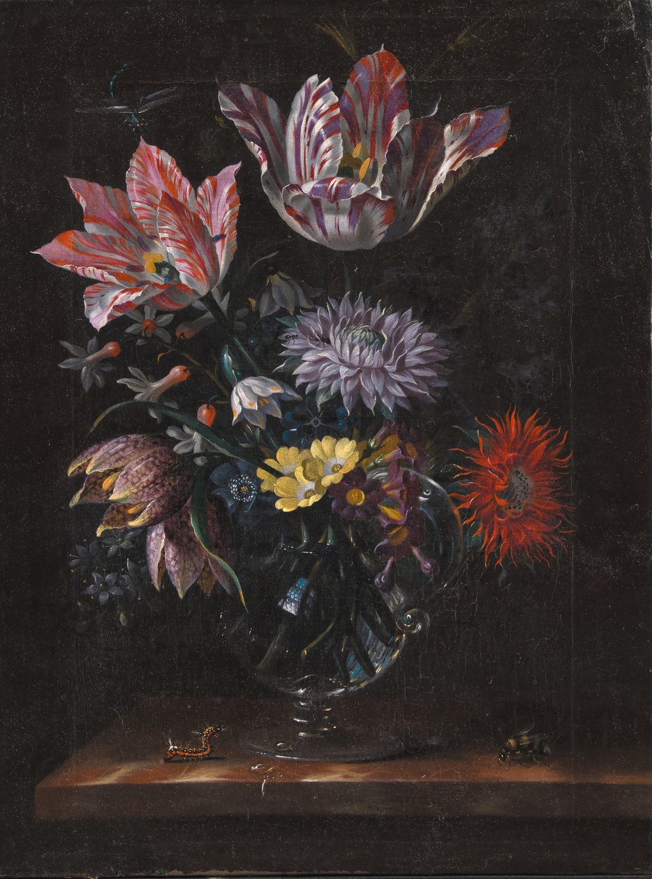 Un jarrón de vidrio con flores de Jacob Marrel