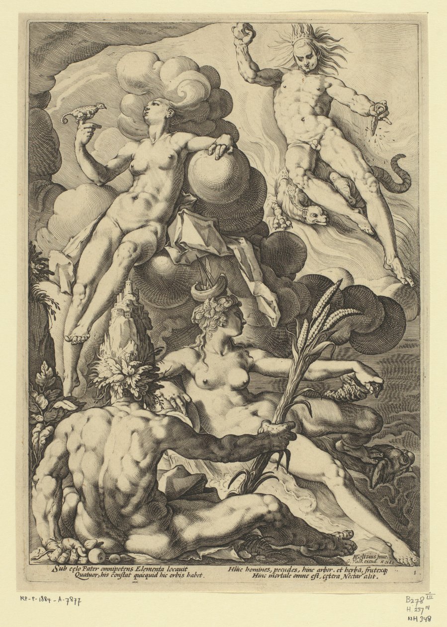 los cuatro elementos Representaciones mitológicas y alegóricas (título de serie) de Jacob Matham (attributed to)