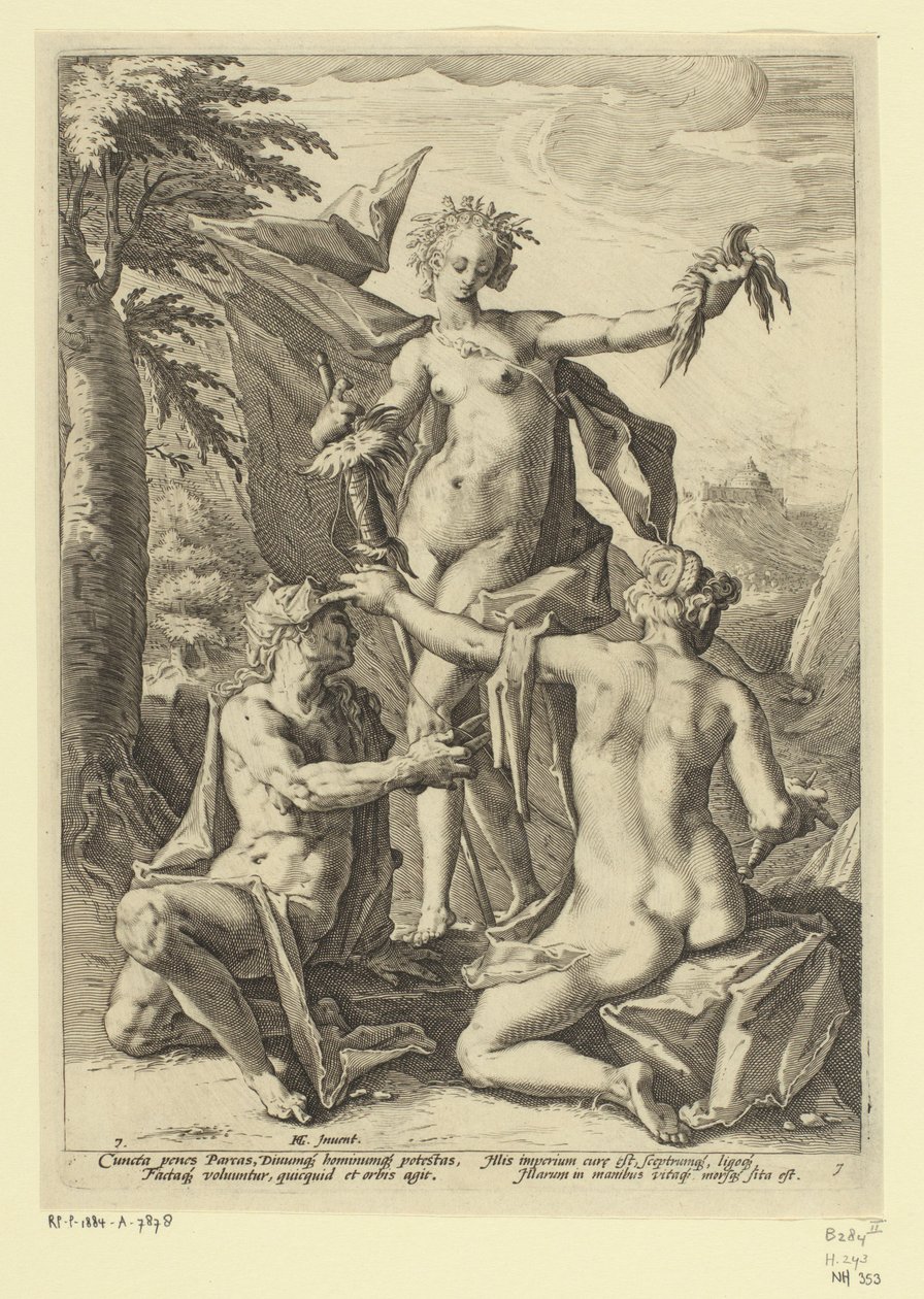 tres destinos Representaciones mitológicas y alegóricas (título de serie) de Jacob Matham (attributed to)