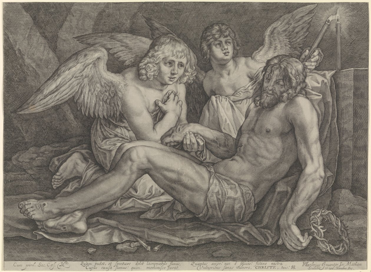 Cristo en la tumba, con dos ángeles de Jacob Matham