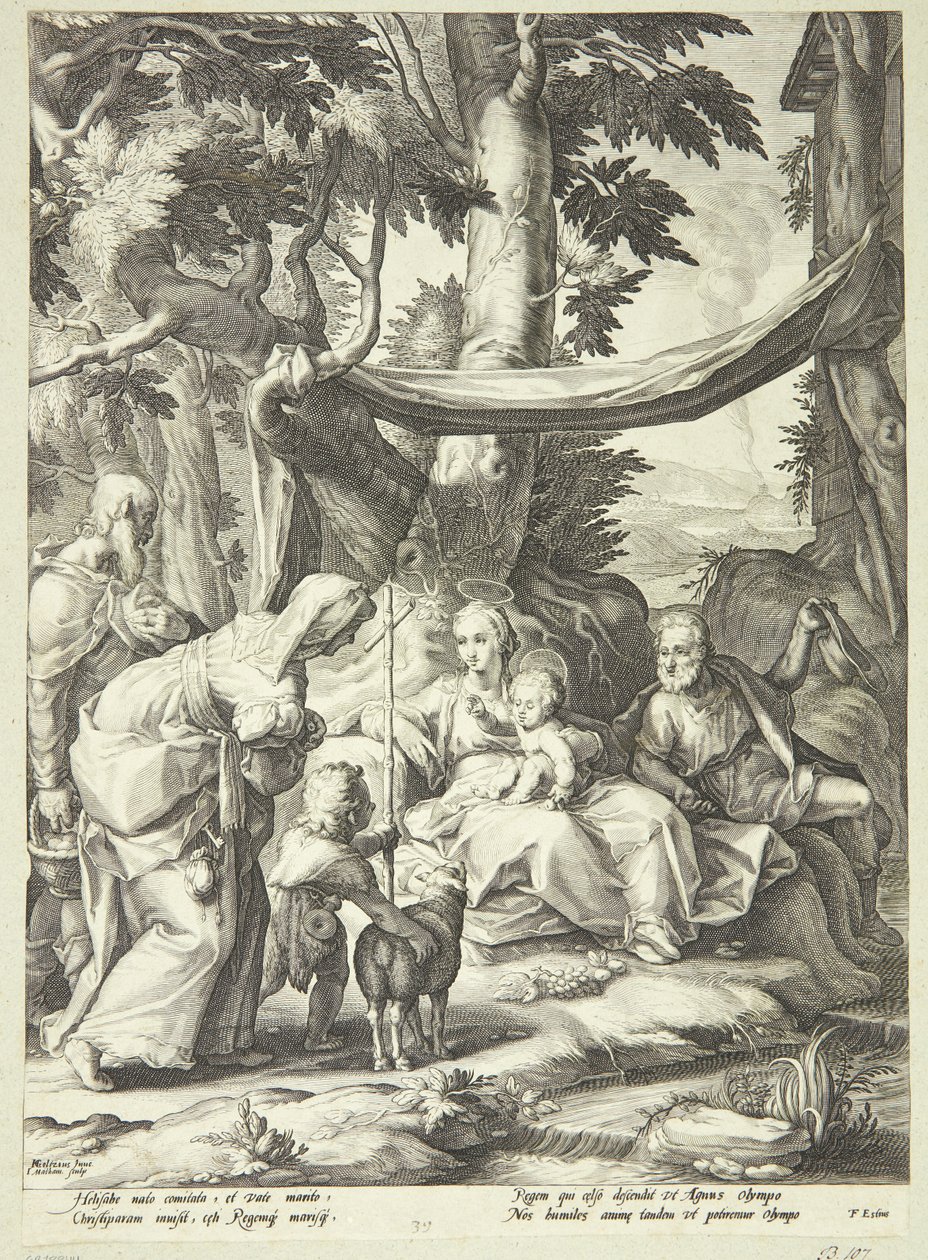 La Sagrada Familia sentada en un paisaje con Isabel, Zacarías y Juan el Bautista niño de Jacob Matham
