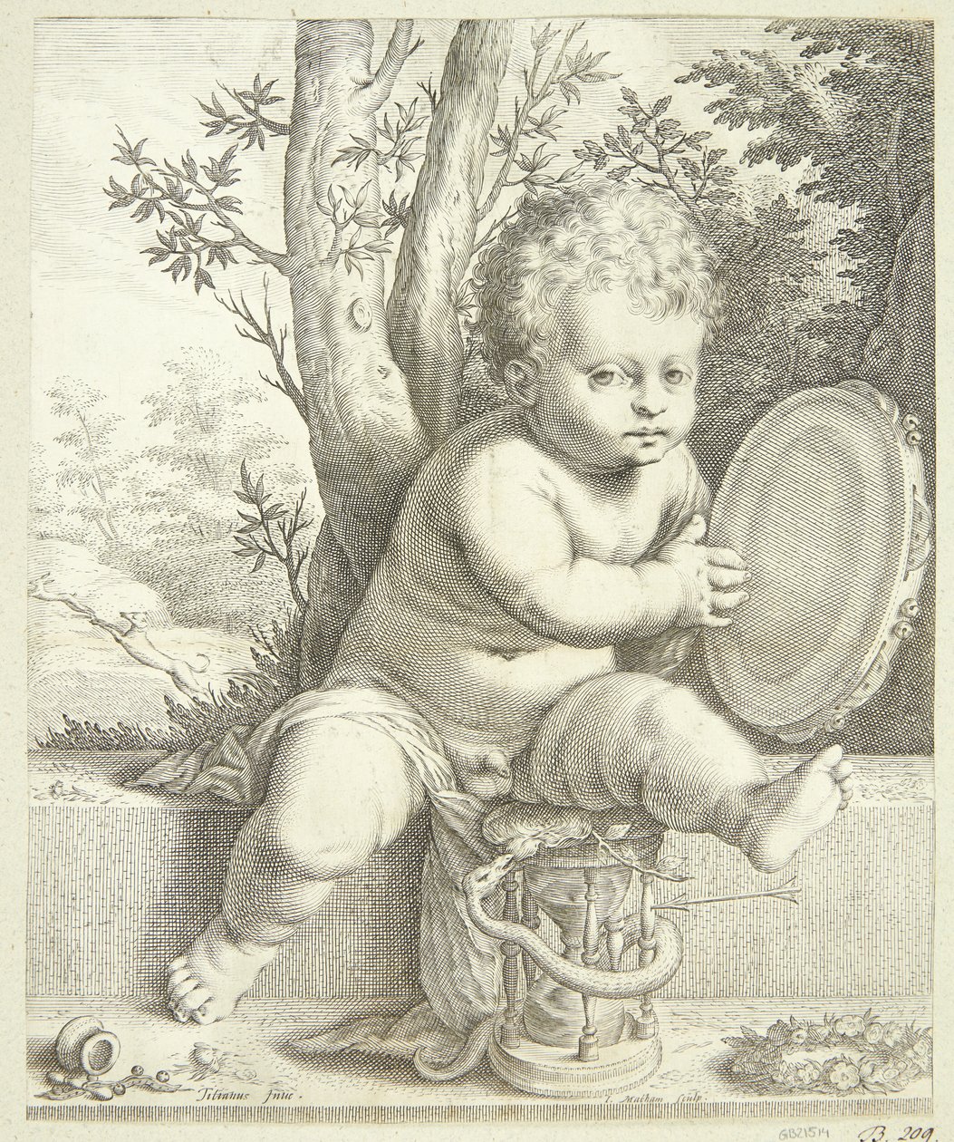 Un niño tocando el tamborín de Jacob Matham