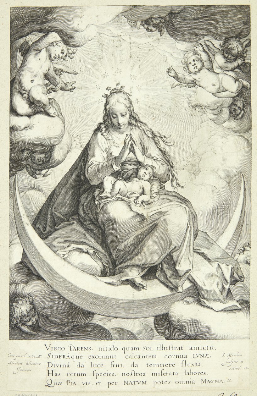 Virgen María con el Niño Jesús en la media luna, rodeada de ángeles de Jacob Matham