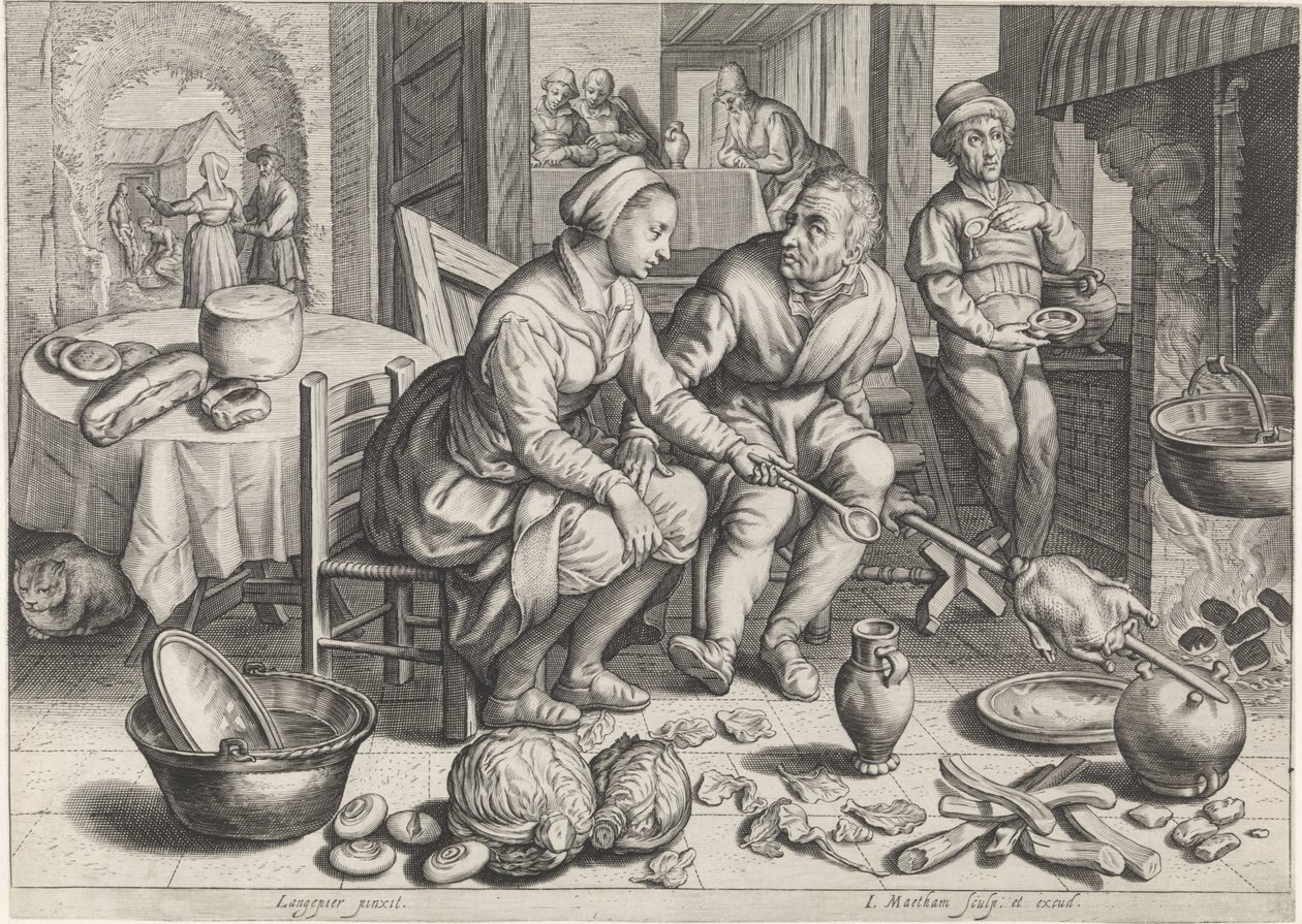 Pieza de cocina con pollo al asador Escenas de cocina y mercado con escenas bíblicas (título de la serie) de Jacob Matham