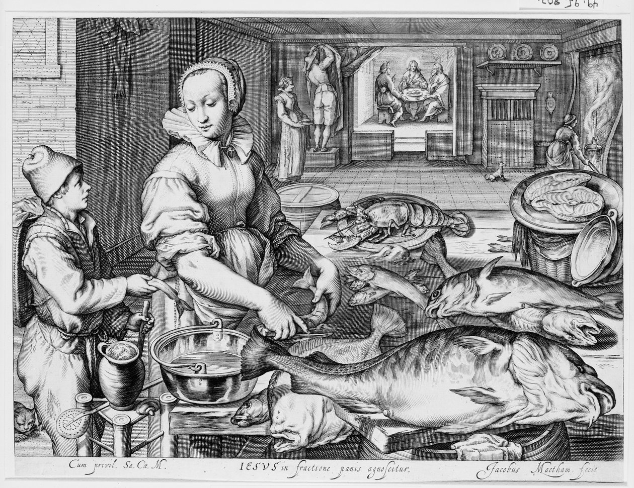 Escena de cocina con criada preparando pescado, Cristo en Emaús al fondo, de Escenas de cocina y de mercado con escenas bíblicas al fondo de Jacob Matham